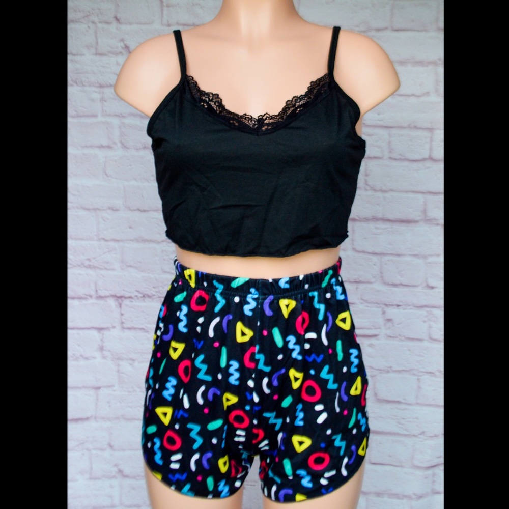 Black & Multi-Colored, Cropped Cami, Pajama Set